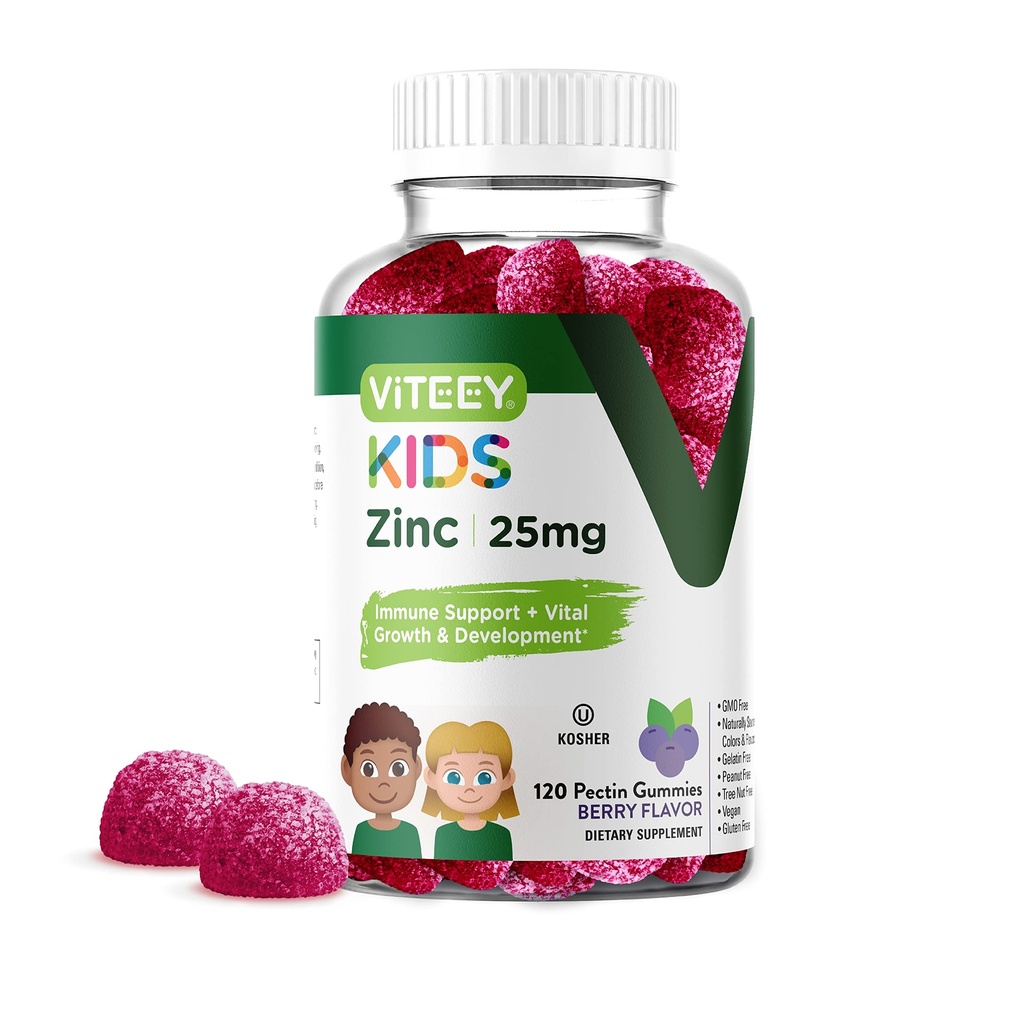 Viteey Zinc for Kids Gummys, 25mg - 少年儿童免疫支持 - 强力天然抗氧化剂 儿童锌维生素补充剂 - Vegan, Gelatin Free, Gluten Free - Tasty Chewable Berry Flavor Gummy
