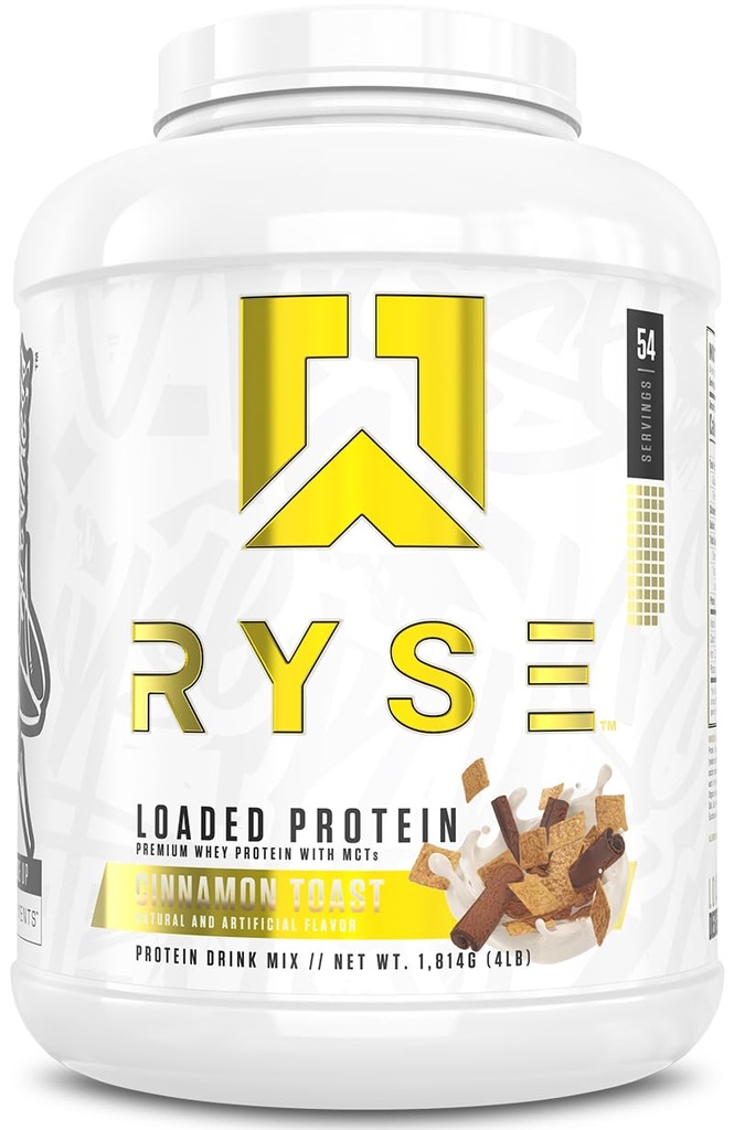 RYSE 加载蛋白粉 - 肉桂托拉斯 - 25g Whey蛋白隔离并集中使用先生纤维和MCTs - 低碳化物,低糖,消化友好 - 54 services / 4 lb Tub