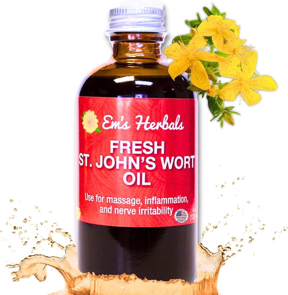 Em's Herbals Fresh St. John's Wort Oil - 在美国的野生采伐, Nerve Disfort, Skin Eruptions, 伤者护理,刀疤和伸展标记 - 皮肤,面部,身体,头发,按摩油(4 Oz)