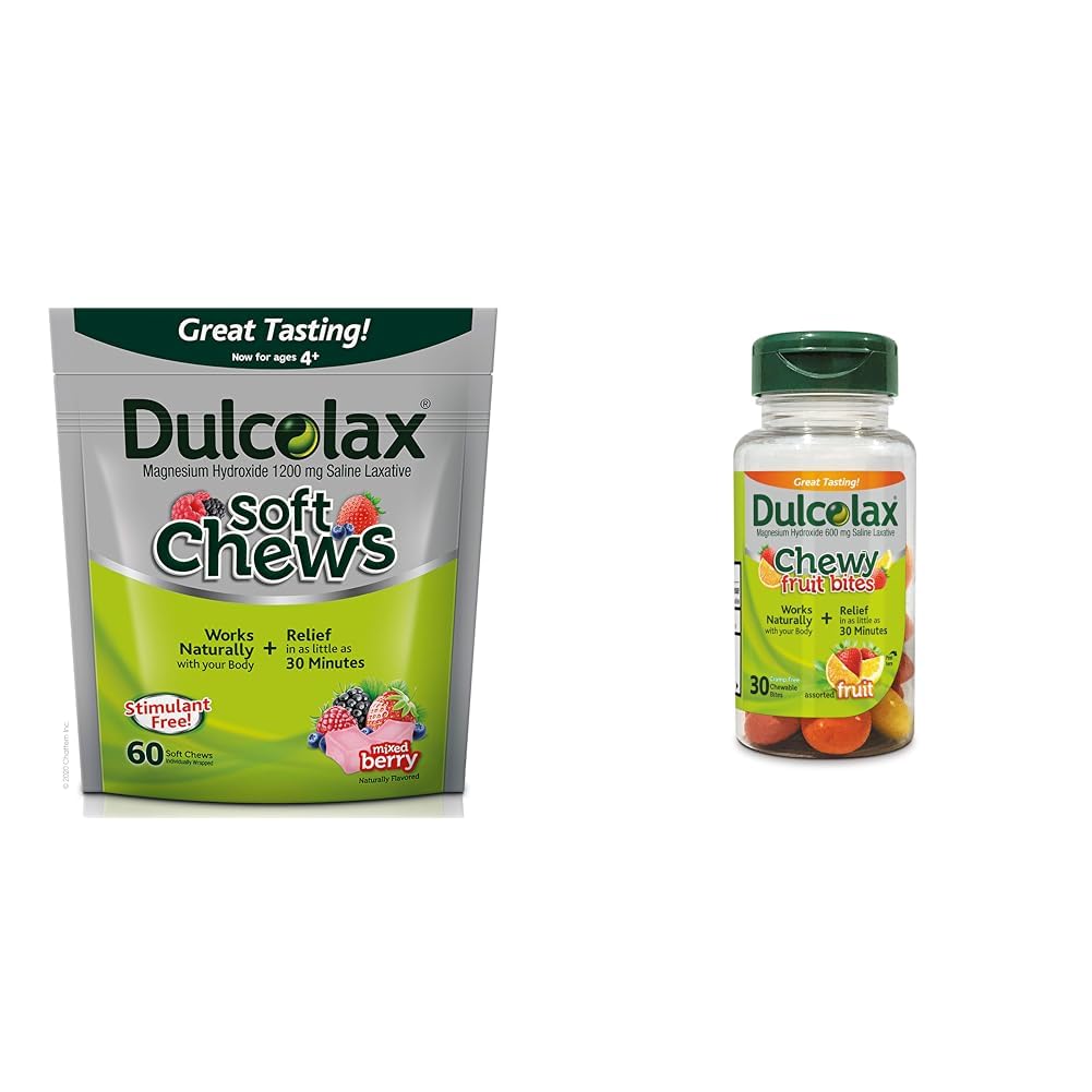 Dulcolax 软果汁 盐盐混合莓(60cmt) 甘油便秘救济,氢氧化镁1200mg & Chewy 水果贝类,盐盐盐,各种水果(30cmt) Cramp-free 便秘救济