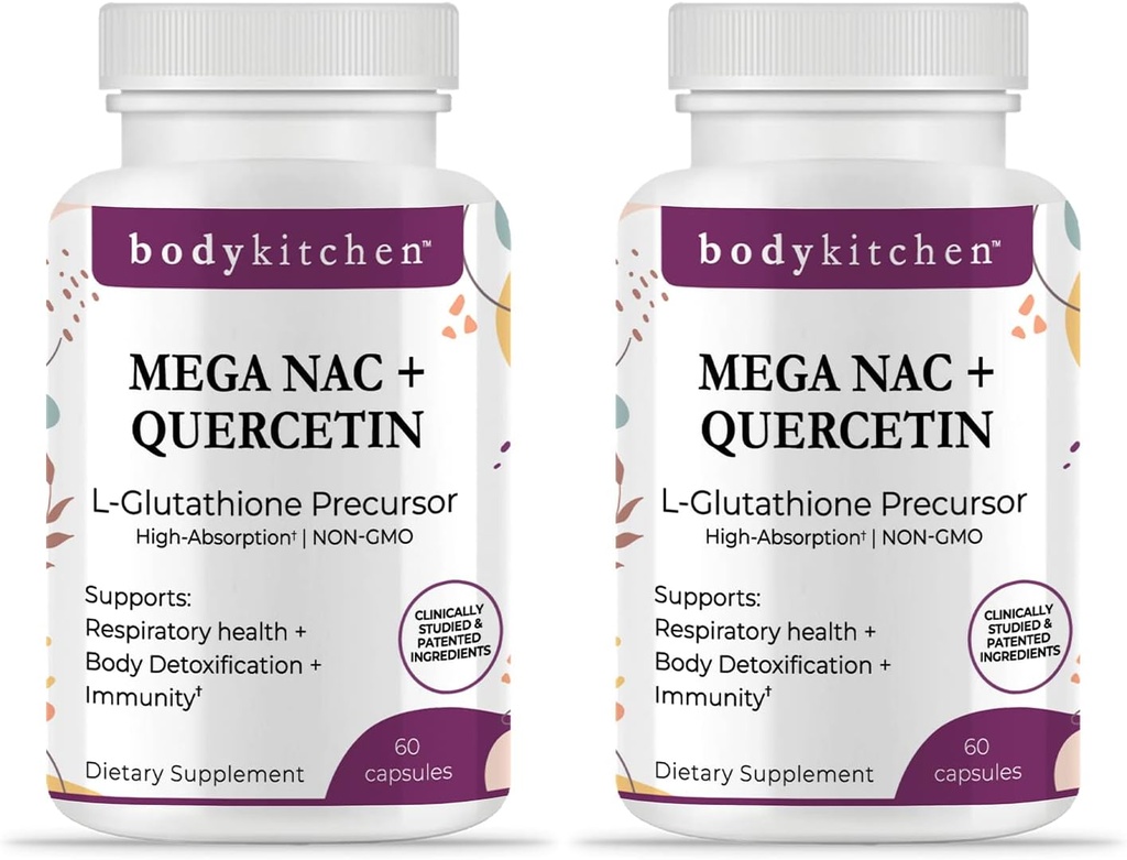 机体厨房 Mega NAC(N-Acetyl Cysteine) 600 mg 配有Quercetin,支持呼吸卫生和免疫功能,并推广肝脏和肾解毒,Veggie Caps, (Pack of 2)