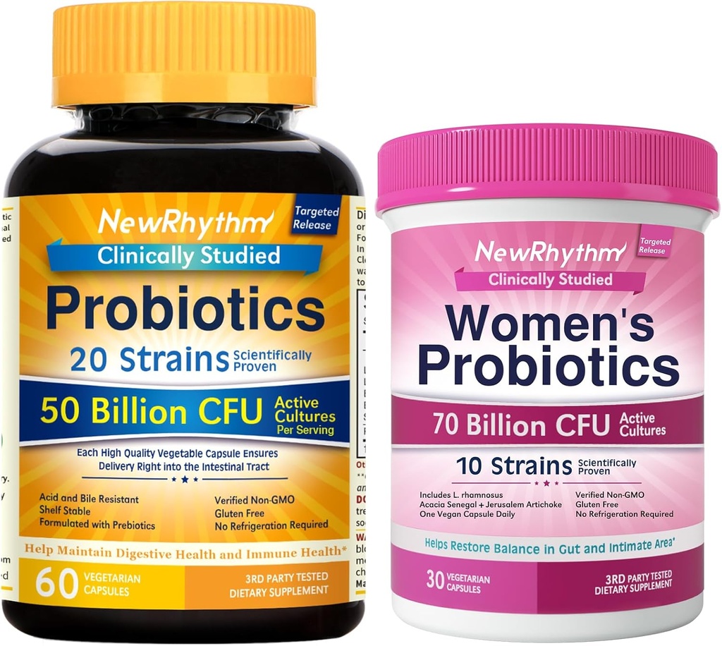 新韵母 Gut & Feminine Health Bundle, Probiotics 50亿 CPU & Women's Probiotics 70亿 CPU, Daily Gut Health & Feminine Care, 90 Capsules Total (Pack of 2).