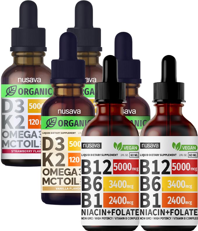 NUSAVA 维生素 B12 液体投放装置 草莓火焰 D3 K2, & 香草火焰 D3 K2 – 用于心脏,能源,脑和免疫支持的强力液体维生素 - 非GMO,Gluten-Free,每架2pk
