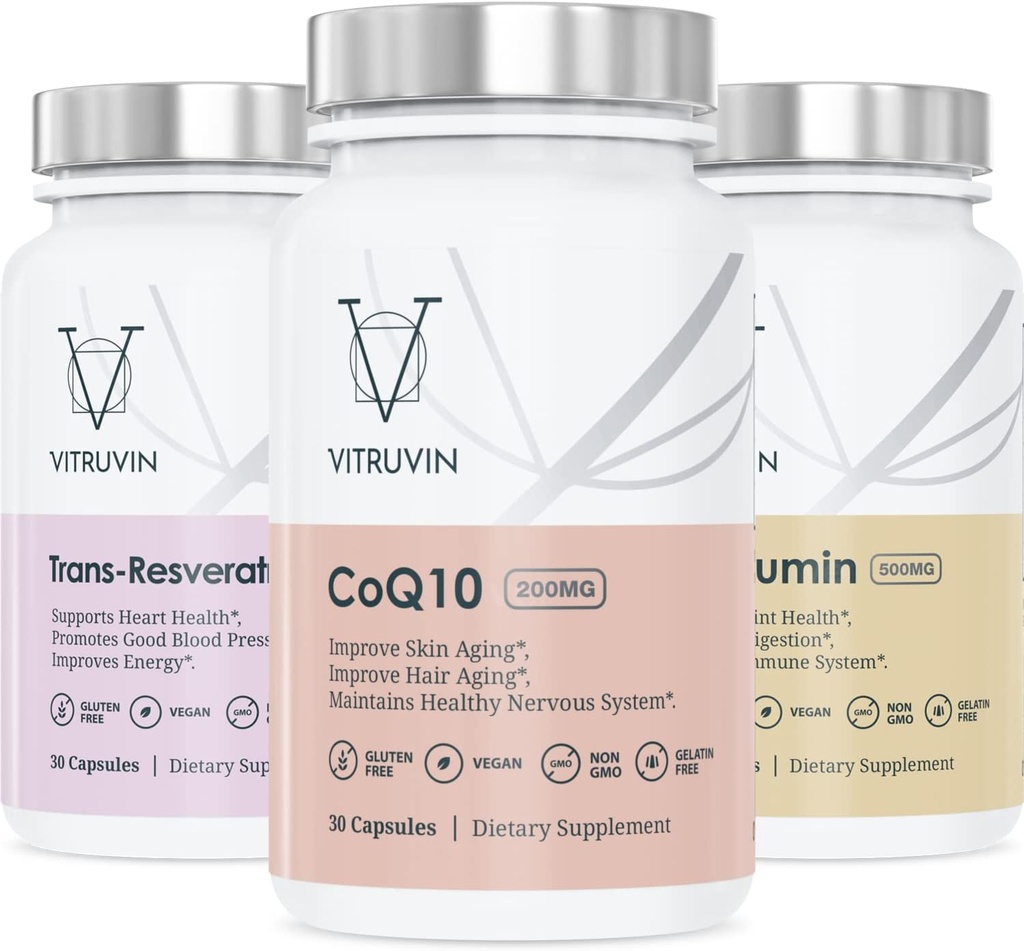 Vitruvin Beauty + 舒适包装 COQ10 200mg + 跨Resveratrol 500mg + Curcumin 500mg, Vegan, Non-GMO, Gluten-free, Gelatin-free. 健康皮肤,听觉,关节和大脑