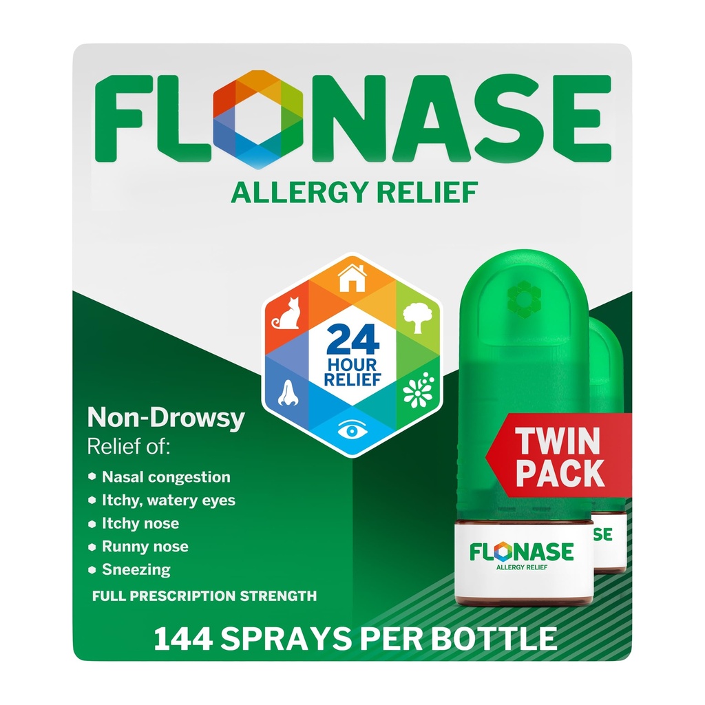 Flonase过敏性肾上腺素喷洒,24小时非昏睡性过敏性医学, Metered Nasal Spray - 144 Sprays (Pack of 2) - Fall and Seasonal过敏性肾上腺素喷洒
