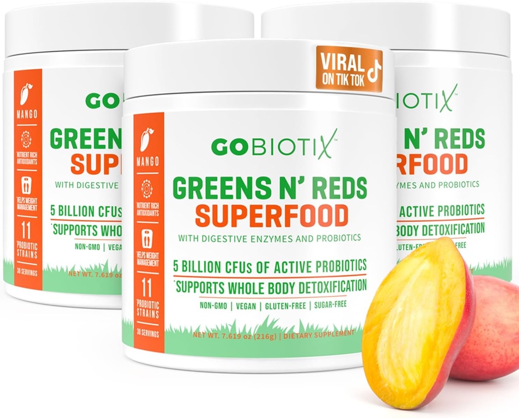 GOBIOTIX 超级绿与红粉 - 红与绿色超级食品 - Probiotic 补编 - 消化酶和甜菜根粉 - 有机全食补充(芒果,3 Pack)