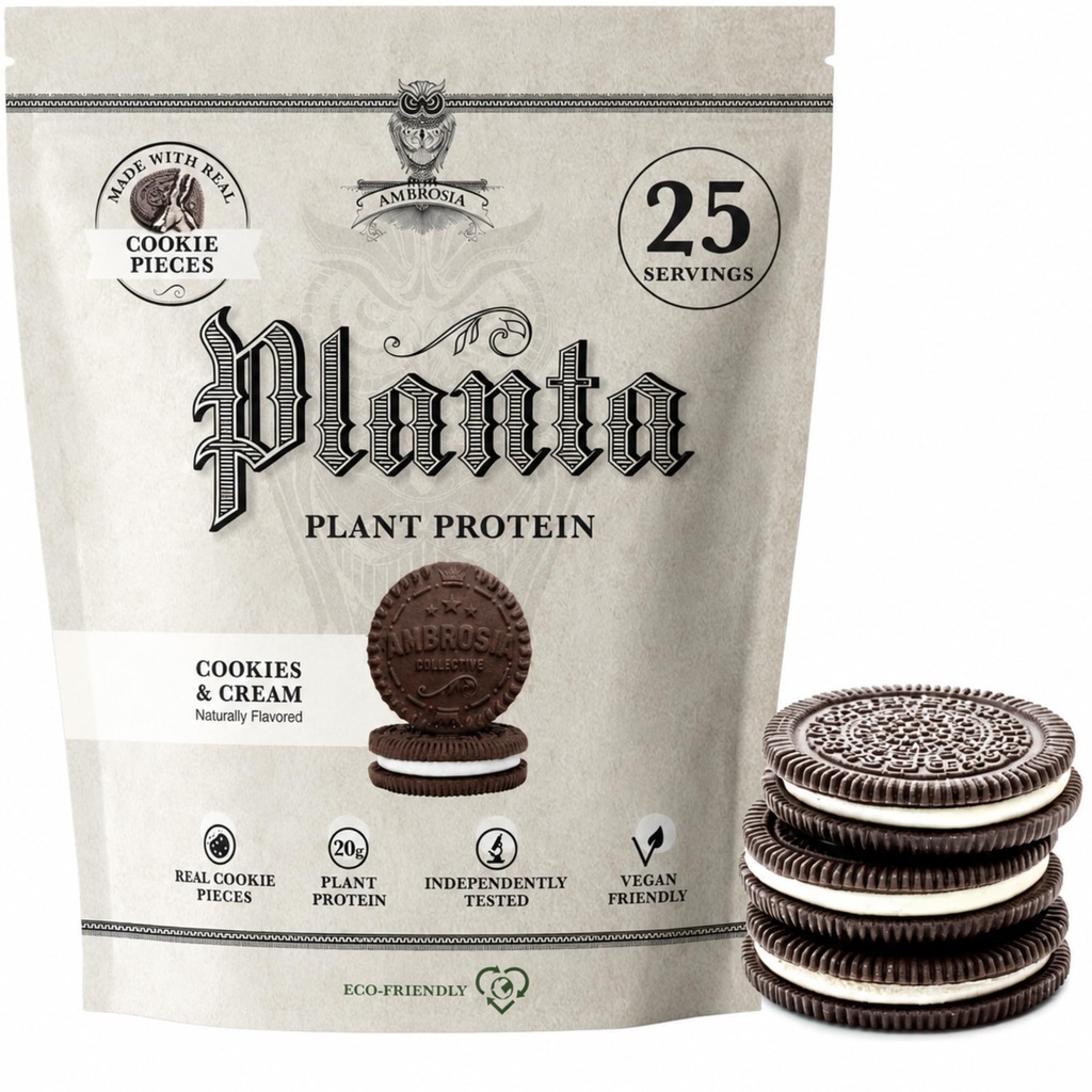 Ambrosia Planta - Premium Planta - Premium 植物蛋白 | Vegan & Keto 友好 | Gourmet Flavors with no bloating and Stomach Upset | Gluten & Soy Free | 没有添加的糖 | 25 services | Cookies Cream |