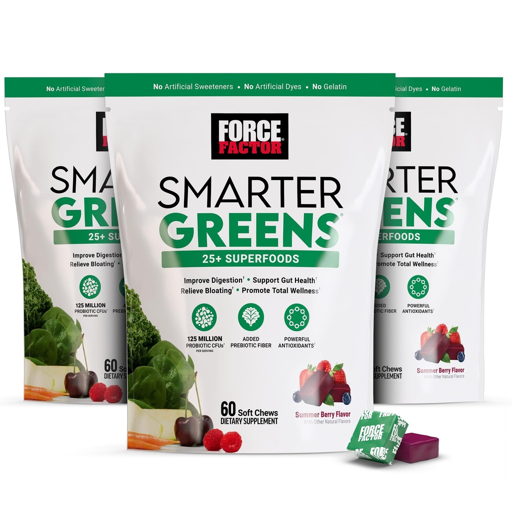FORCETOR Smarter Greens Superfood Chews, 3-Pack, Greens 和 Superfoods 配有 Probiotics,抗氧化剂,以及 Fiber, 支持消化的绿色补充剂 Nitric Oxide, 和 Energy, 180 Chews