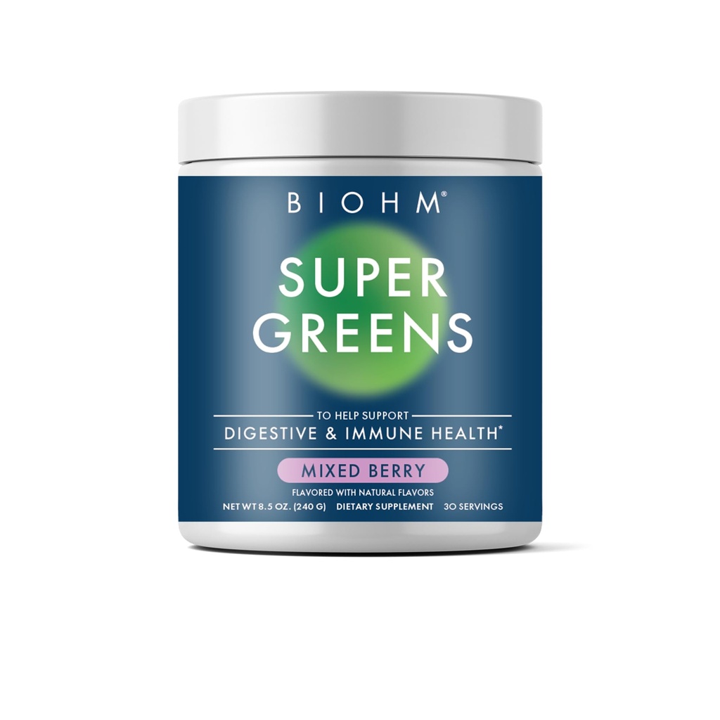 BIOHM 超级绿地,绿色超级食品粉(8.5 Oz,30 services) 抗氧化剂 Vegie Power & Smoothie Mix, 34 超级食品和螺旋藻,消化酶,先生素和亲生素, 混合莓火焰