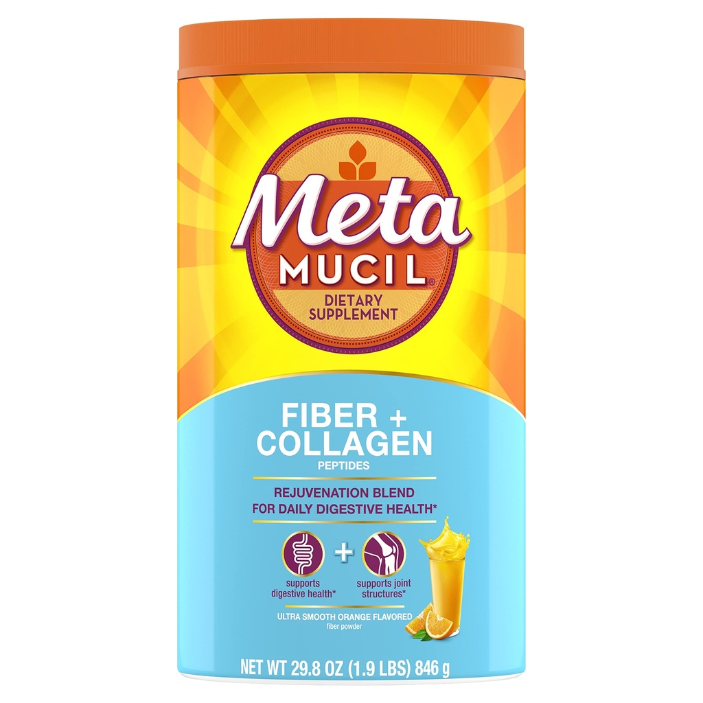 Metamucil Daily Fiber + Collagen, Psyllium Husk Powder, 植物基纤维补充剂, 无糖与Stevia, 3-in-1 Fiber 消化健康补充剂, 橙色 Flavored, 90 剂量