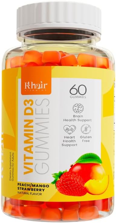 Khair Halal Vitamin D3 Gummys for Bone & Muscle Support - 非GMO, Gluten & Gelatin Free, Vegetarian, Halal-Certification, Natural Mango, Peach & Strawberry Flavors - 60 Gummys (英语).