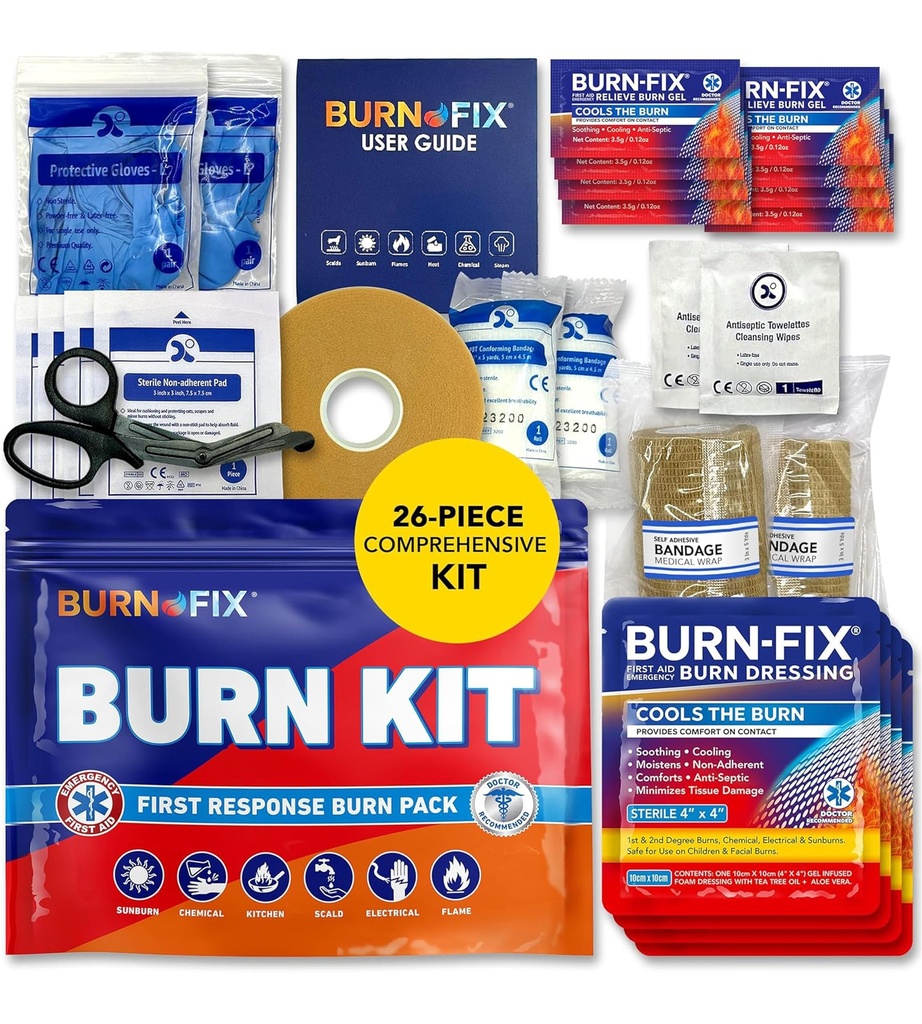 BurnFix 烧伤急救箱 烧伤急救箱 – 26-Piece 烧伤治疗与冷却Gel,服装和手套 – Kitchen, Sunburn, Chemical & Scald Relief – Home, Office, Travel