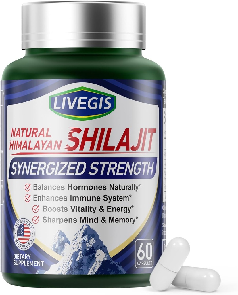 喜马拉雅语 Shilajit Capsules 平衡荷尔蒙,助力豁免,增强生命力和记忆,具有各种成份的高概率补编,非GMO自然和有机-60个计数