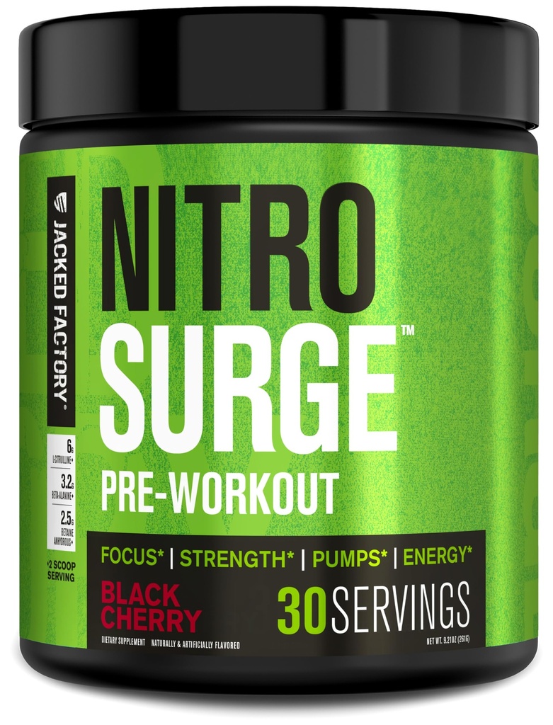 Jacked Factory NITROSURGE Pre Workingout Supplement - 无尽能源,即时强力增益,清晰焦点和强力泵 - NO Booster & Powerful Preworing Energy粉 - 30 services, Black Cherry