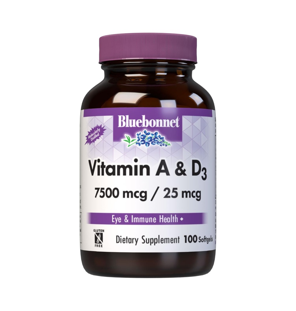 Bluebonnet 营养维生素A和D3 深海、冷水、鱼油的25,000 IU/1,000 IU - 用于眼部健康与免疫功能* - Gluten Free - 乳品自由 - 分子蒸馏 - 100 Softgel/Serviges