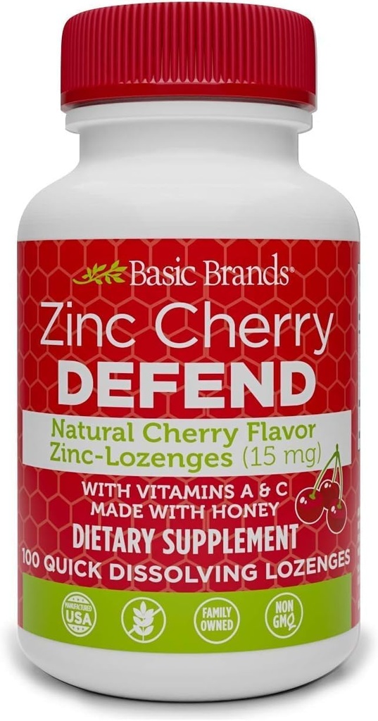 Basic Brands – 锌樱桃 – 100 Lozenges – 天然樱桃 Flavor Zinc – Lozenges – Immune Boost, Cold Relief, 非GMO, 锌乙酸和维生素 C - 2-Pack