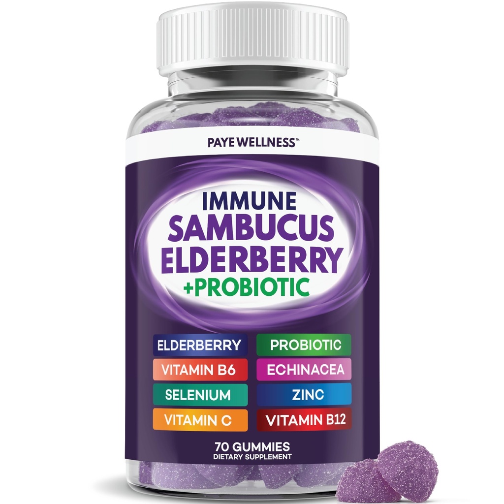 长莓果仁(Gummys Immune) 支持儿童与成年人的日常支持*,配有桑布库斯 长老果仁,锌,维生素C,D3,B6,B12,Plus - 饮食补充 - 70个计数.
