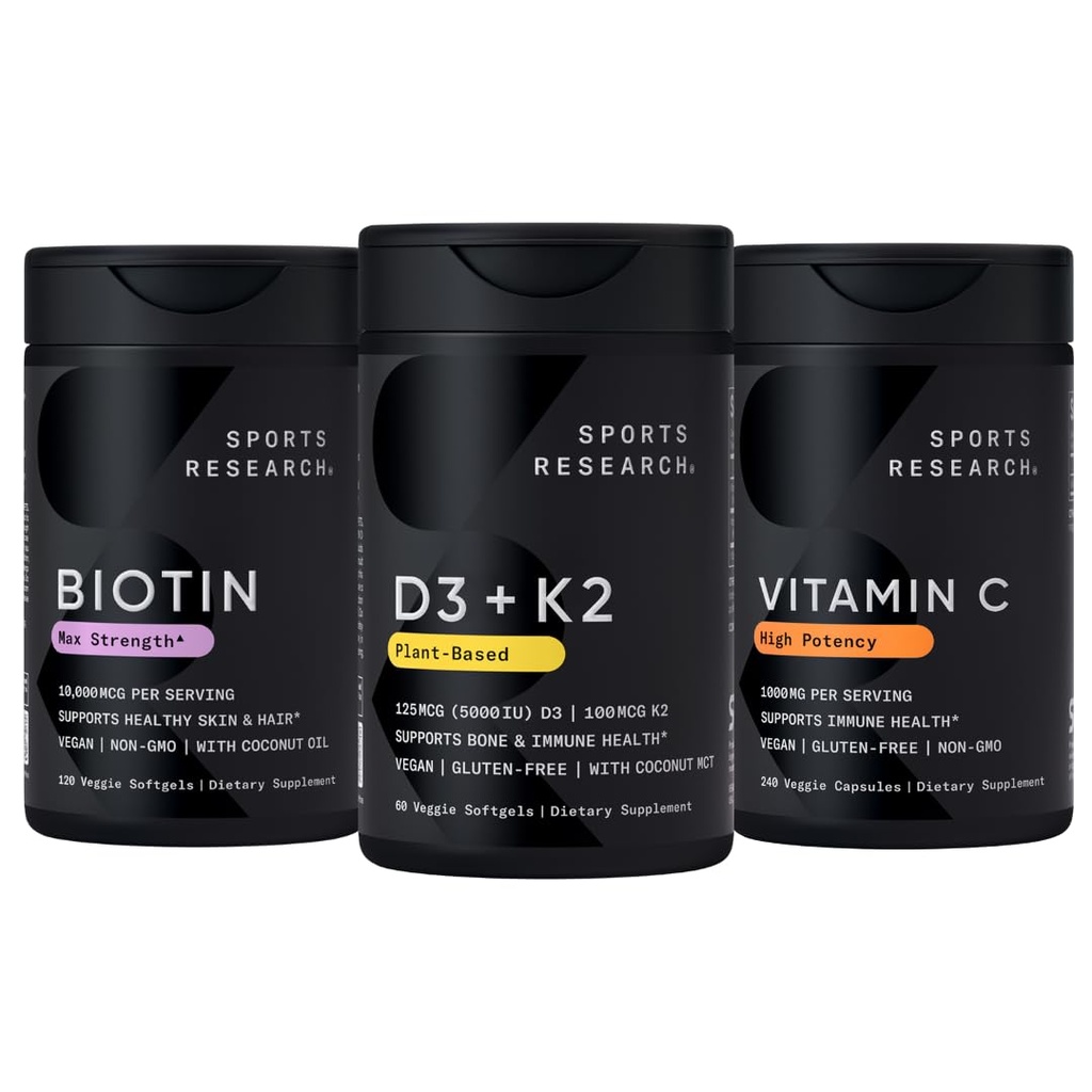 运动研究 维生素D3 5000iu K2 100mcg, Vegan Biotin 10,000mcg 配椰油和高概率维生素C 补充1000mg