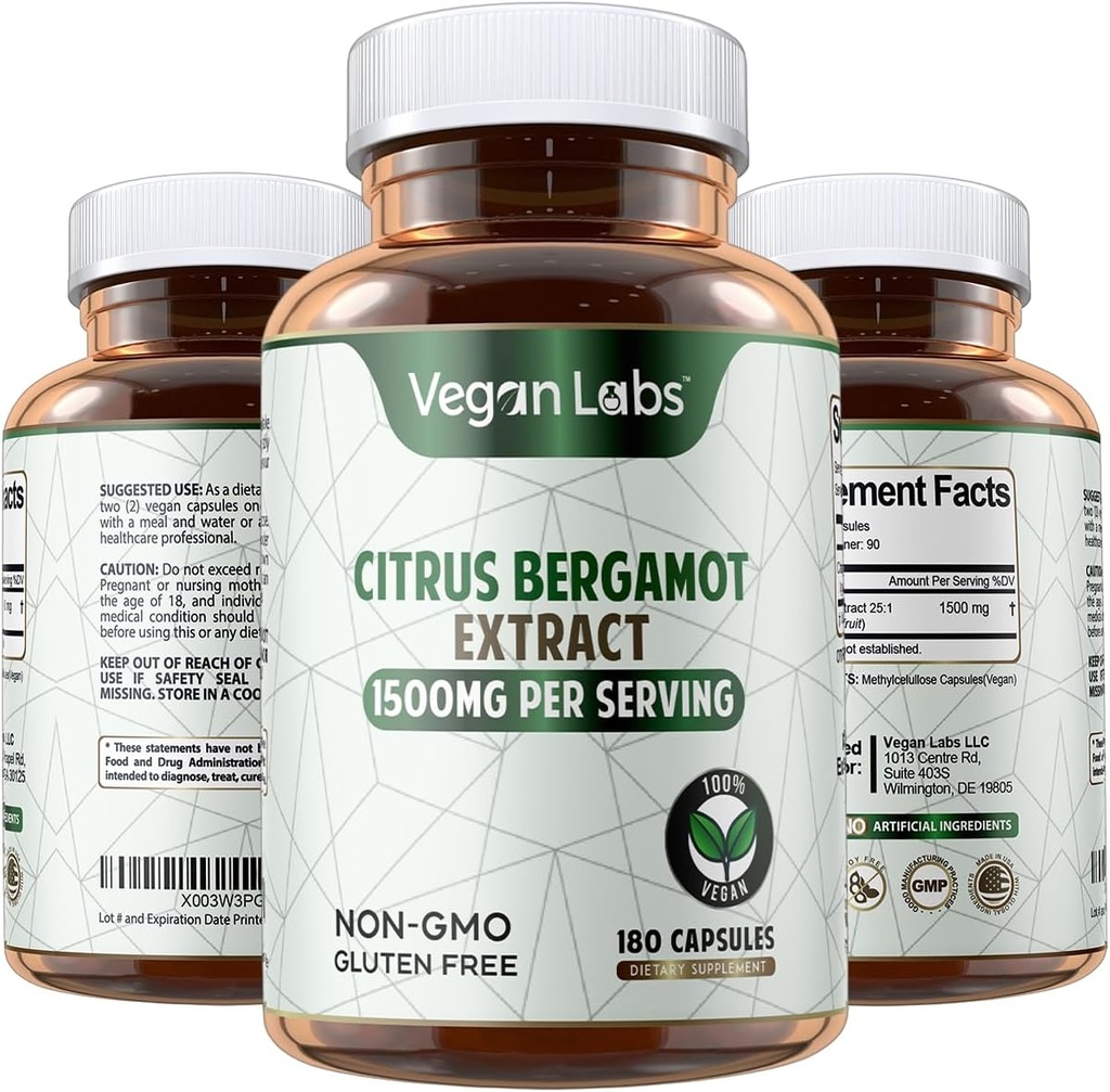 Vegan Labs Citrus Bergamot 提取 1500MG - 180 Vegan Capsules - 25:1 Citrus Bergamia 提取 - 支持整体健康和抗氧化剂保护 - Gluten Free, N-GMO