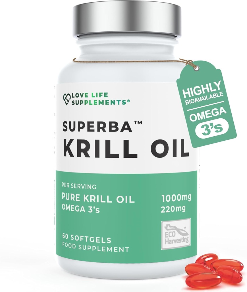 Krill Omega 3 Capsules 高强度 1000 mg 可持续在南极捕鱼 60红软胶 联合护理补充 与强抗氧化剂 Astaxanthin 和磷脂吸收剂