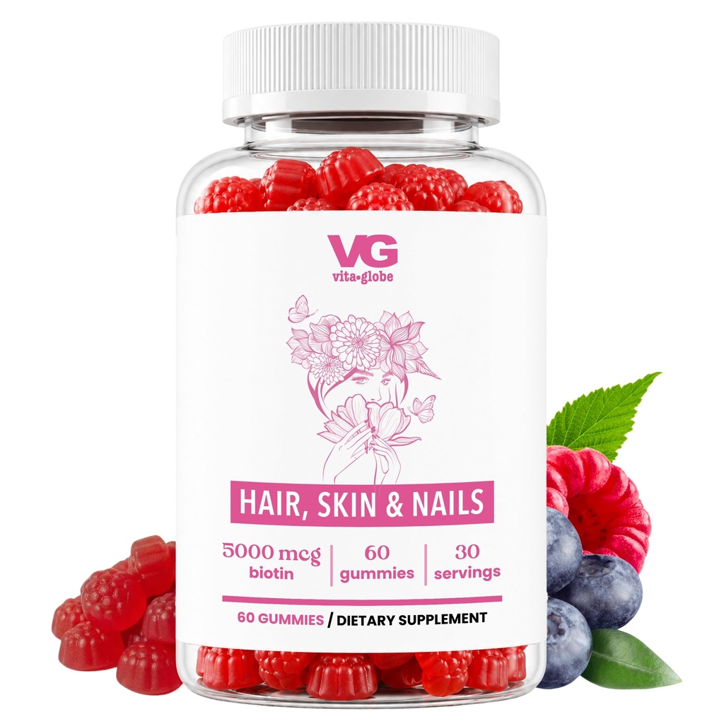 VITA GLOBE 头发,皮肤和钉子 + Collagen Gummys – 含维生素A, C, D, E, B6 & Biotin → 健康头发生长的美与健康补充, Radiant 皮肤和坚固钉子 – 60 counters (Pack of 1)