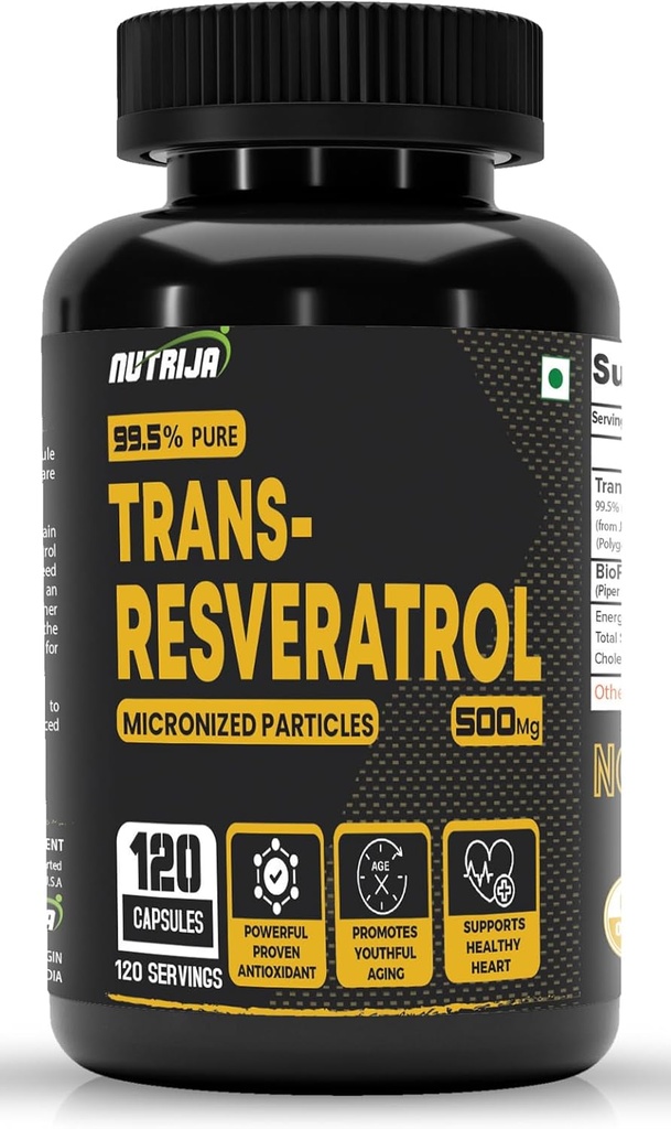 Rans Resveratrol 500MG Capsules - 99.5% 纯微量化和高度生物可获性补充 | 减慢衰老,证明强抗氧化剂 | 改善代谢和心脏健康(120 Capsules)