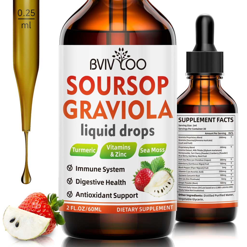 Soursop Graviola液滴用于细胞支持和再生,Imune boost,放松,肝脏和睡眠,Soursop 位数液体,糖/葡萄糖 天然草莓 Flavor - 2 Fl Oz(60毫升)瓶