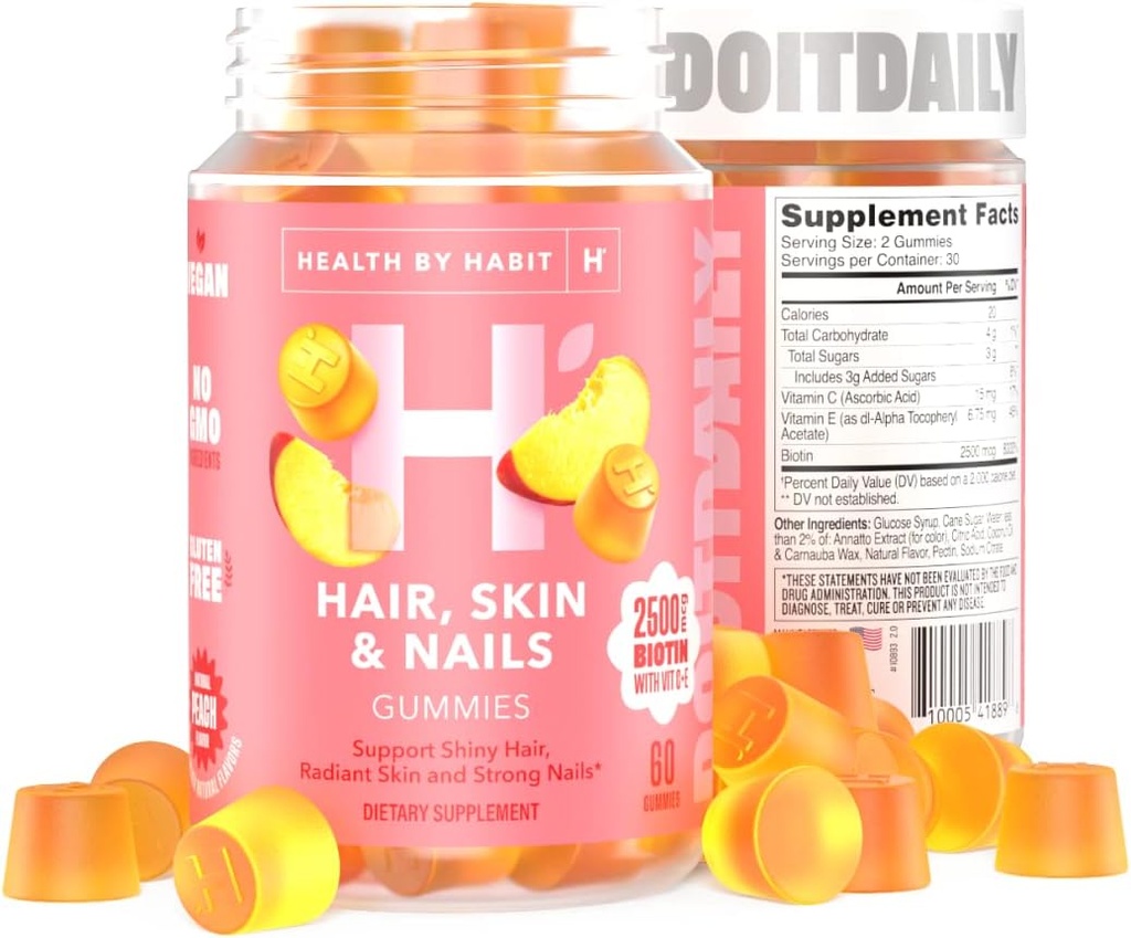 由Habit Hair, Skin and Nails Supplement(60 Gummys) - 2500mcg Biotin,维生素C,维生素E,强直钉,桃花弗拉沃尔,Vegan,Gluten Free, Non-GMO组成的健康.