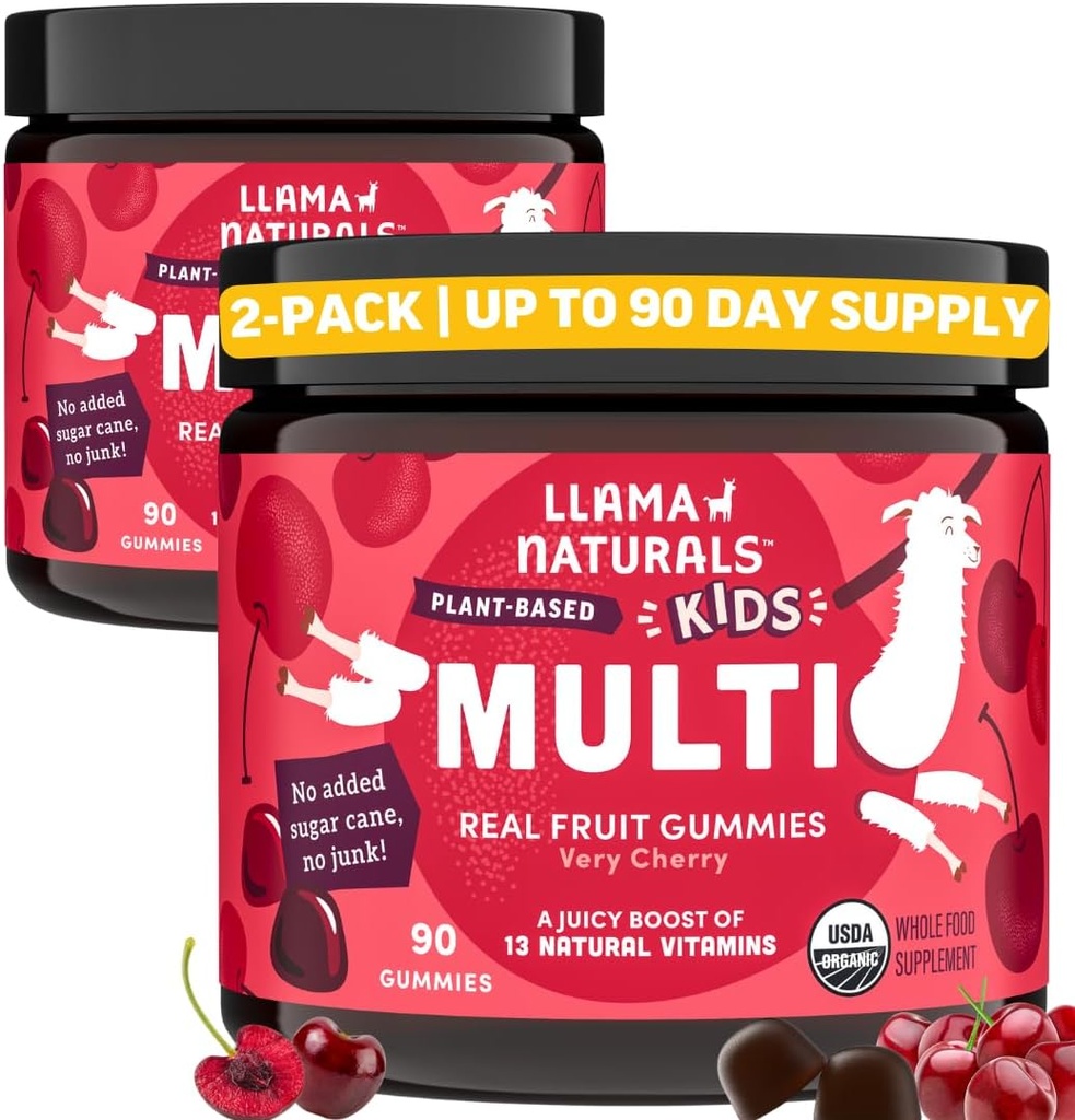 Llama Naturals Kids 多维他命 Gummys, Vegan, 有机与维生素D, C & K, 托德勒 真正的水果 Gummy Vitamins, Chewable Supplement, 全食品 多维他命, 无添加糖蔗, Cherry, 2 Pk