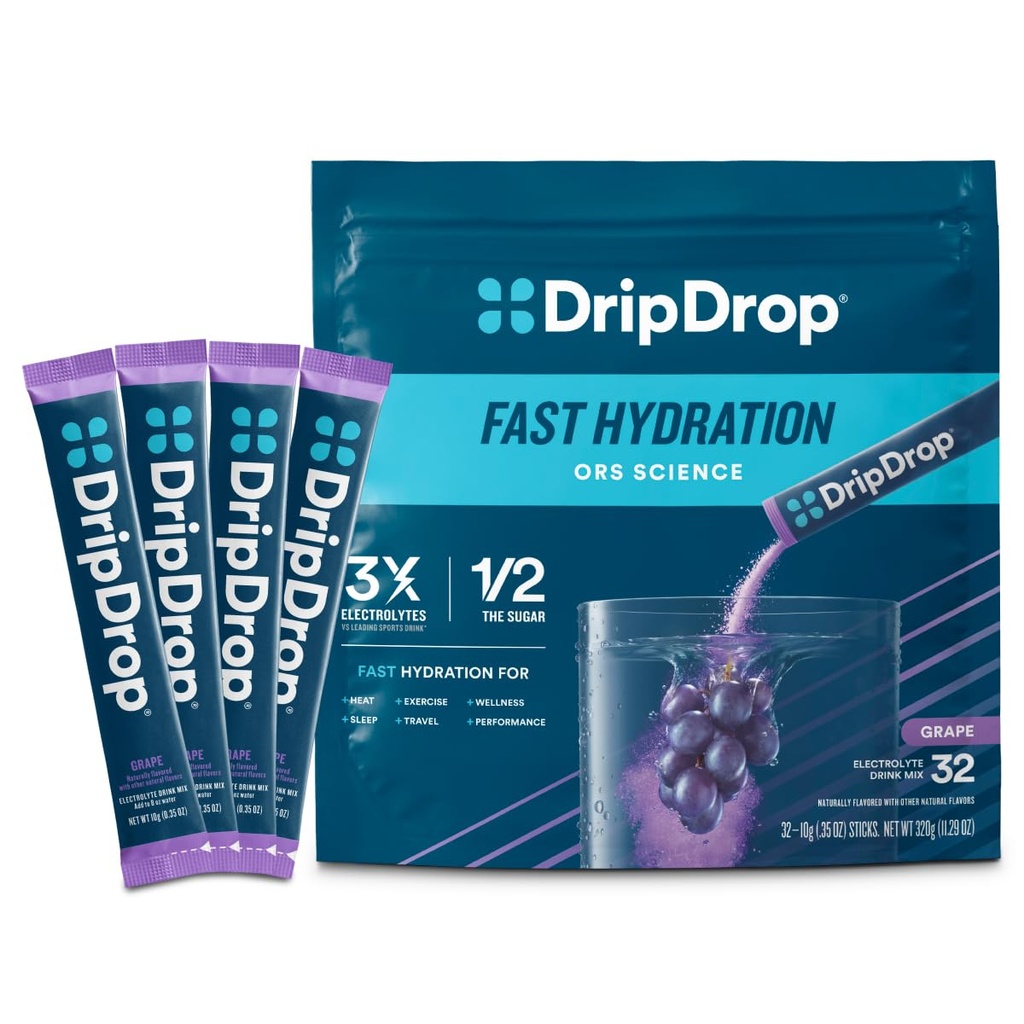 DripDrop水利包 - 葡萄 - 单服务电解质 粉末 饮料 混合 - 非GMO, Gluten Free, Vegan - 32 棒