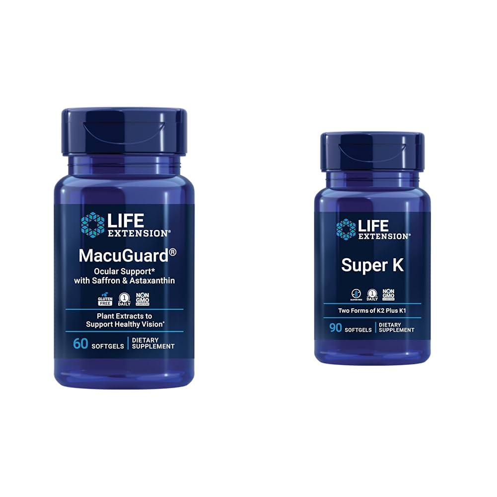 与Lutein,Meso-Zeaxanthin,Saffron & Astaxanthin - 60 Counter and Super K Vitamin K1 K2 MK-7 MK-4 Vitamin C - 90 软胶的寿命延长 Macguguguard眼部健康补编