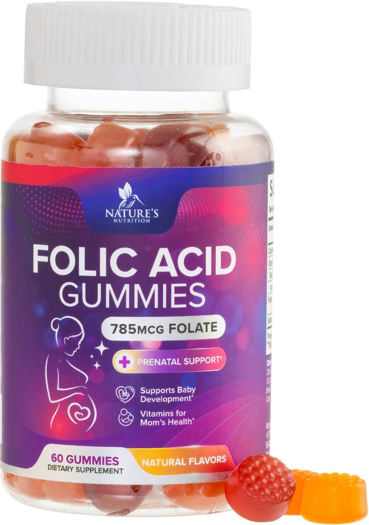 女性的叶酸胶 785 mcg, 母亲和婴儿的产前基本维生素, Vegan Folic Supplement Gummy, Daily Vitamin B9 额外强力Folate, 孕期前 - 60 Gummys