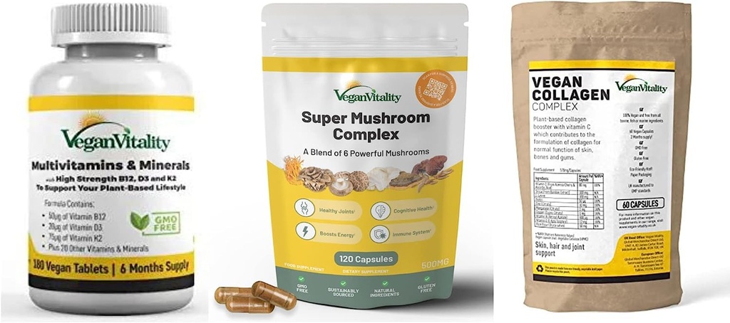 Vegan Virtuality Booster 补充剂 Bundle - Vegan 多维塔明, Collagen 和 超级蘑菇综合体. 维加斯和植物学家总体健康高强度植物基公式