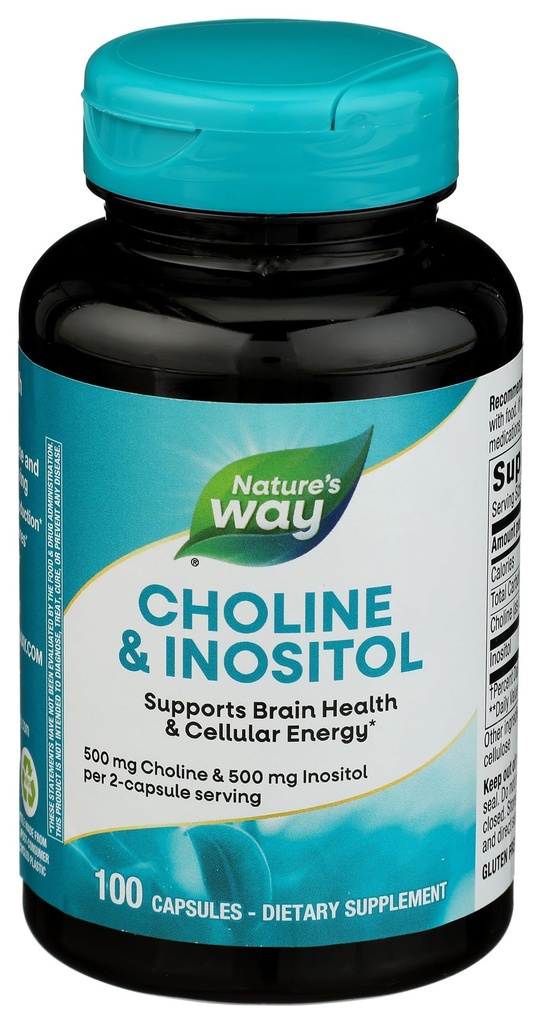 Nature's Way Choline & Inositol, 支持脑健康与细胞能*, 每2个卡片500 mg Choline & 500 mg Inositol, Gluten Free, 100 capsules (Package May Vary)