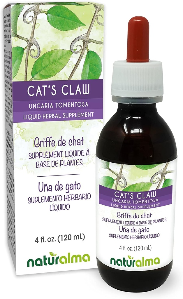 Naturalma Cat's Claw (Uncaria tomentosa) 树皮无酒精小叮当 - 4 fl oz 液滴提取 - 草药补充 - Vegan