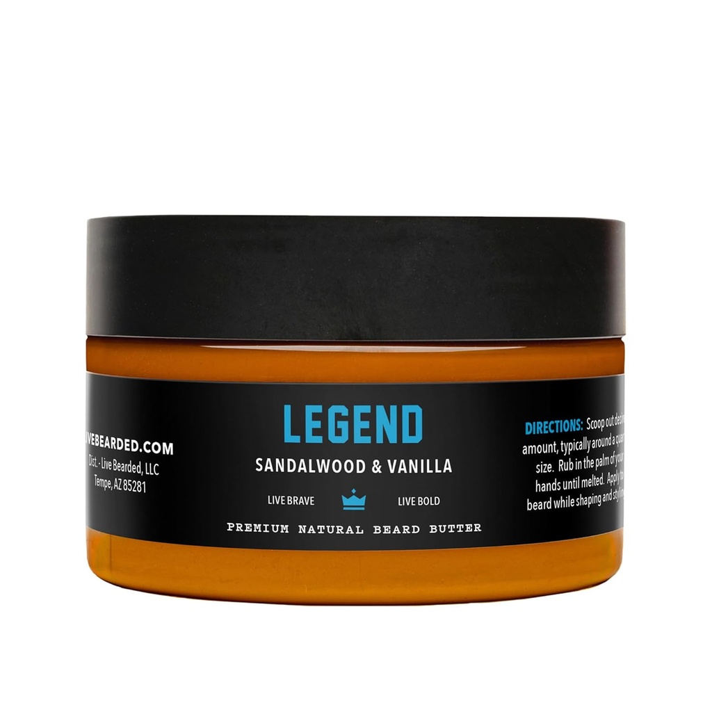 Live Bearded Beard Butter, 3 fl oz - 在美国制造 - 全自然休假条件与软化器与Shea QQ Legend Scent - Sandalwood, 香草