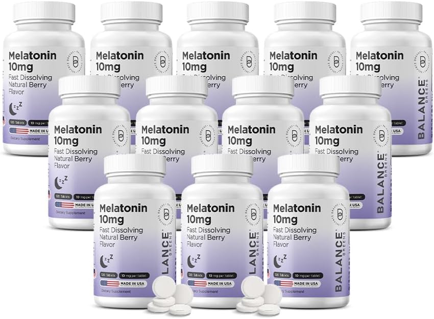 Balancebreens Melatonin 10mg 快速溶解,120块平板 - 休息夜的自然睡眠援助,无毒品支持放松和不安定