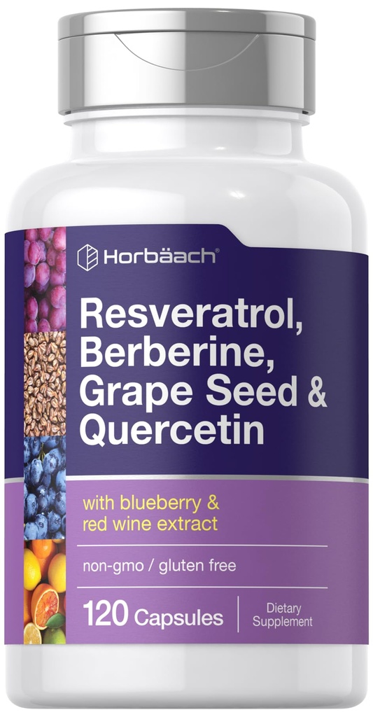 Horbäach Resveratrol Berberine Grape种子 & Quercetin QQ 与蓝莓和红酒提取 QQ 120 Capsules XN-GMO, Gluten Free & Vegetarian 补编