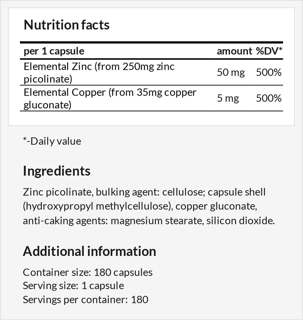 Z-Balance - Zinc 50mg + Cooper 5mg - 180 Vegan Capsules - 6个月供应 - Zinc picolante 和 Cooper gluconate 补充健康头发,皮肤和钉子 - 阿波罗的Higemony