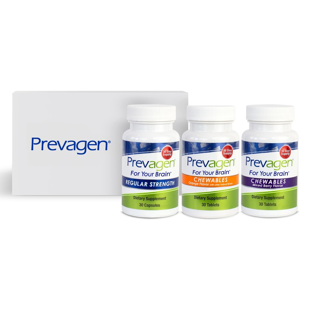 Prevagen Varige Pack - 90 Counter(3个月供应) 常规强力卡普尔(Capsules),混合贝里饼干(Mixed Berry Chewables)和橙汁卡普尔(10mg of Apoaequorin) +维生素D3