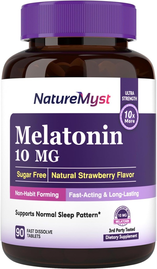 Melatonin 10 MG,快速溶解片,超强,非哈比特形成,睡眠和平静支持,无糖,天然草莓火焰,90片