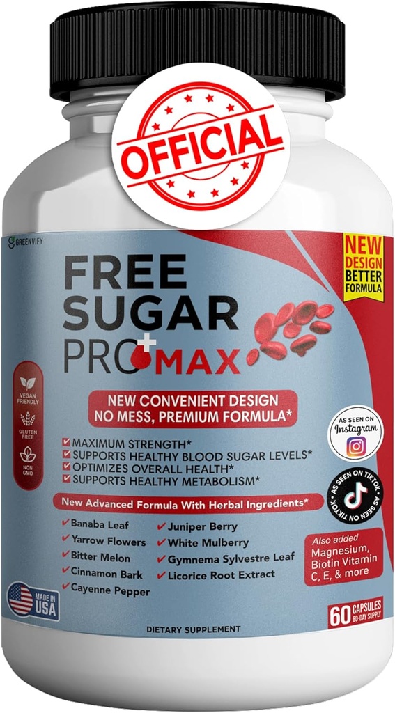 Free Sugar Pro Max All Natural Formula 保持健康水平,最大强度每日公式,血糖健康审查(1包-60盖)
