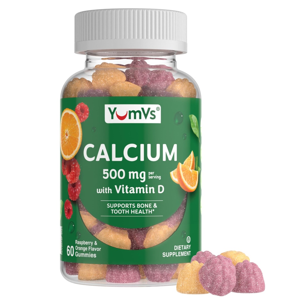 YumVs Calcium 500 mg 配有维生素D3 - Raspberry & Orange Flavor Calcium Vitamin D Gummys, 儿童与成年人可食用钙补充剂,维生素D Calcium Gummys, Kosher Halal Gluten Free (60 Counter)