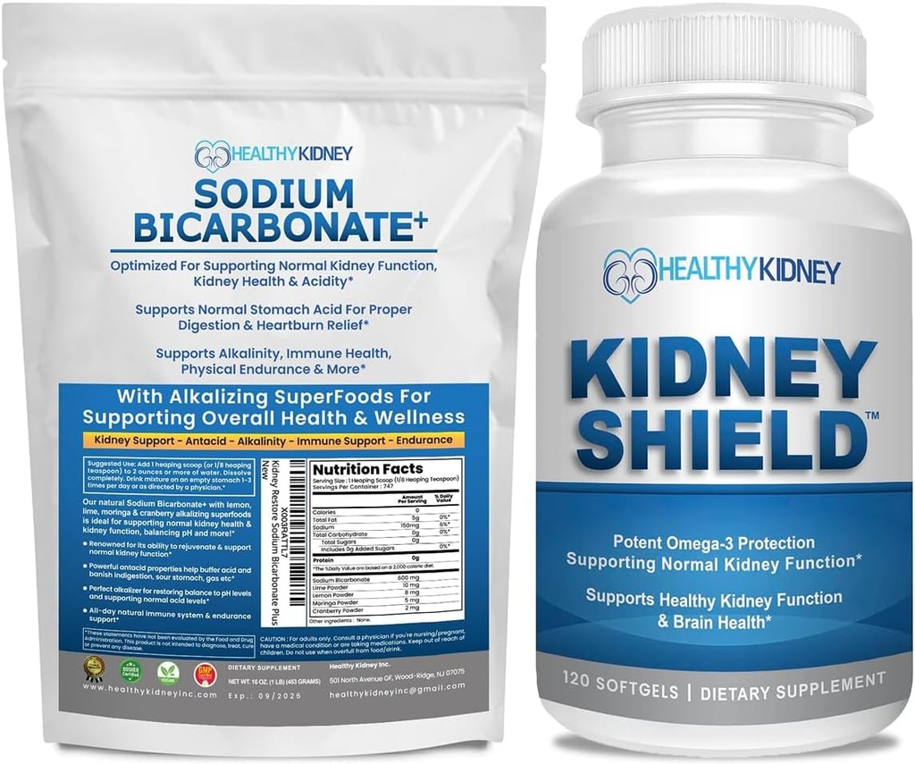 有机碳酸钠 Alkaline 补充箱:2LB Alkalinity,酸中和肾支持+120 Caps Kidney Shield 肾健康,清洁和Omega 3支持