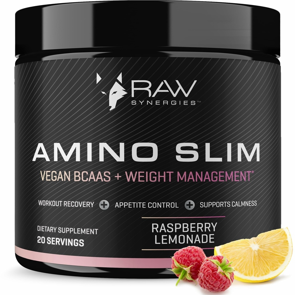 RAW Synergies Amino Slim - Active Lifestyle Supplement for Metabolic & Mindful Eating Support - Muscle & Energy Support - Sugar-Free & Vegan - Raspberry Lemonade - 20 Servings