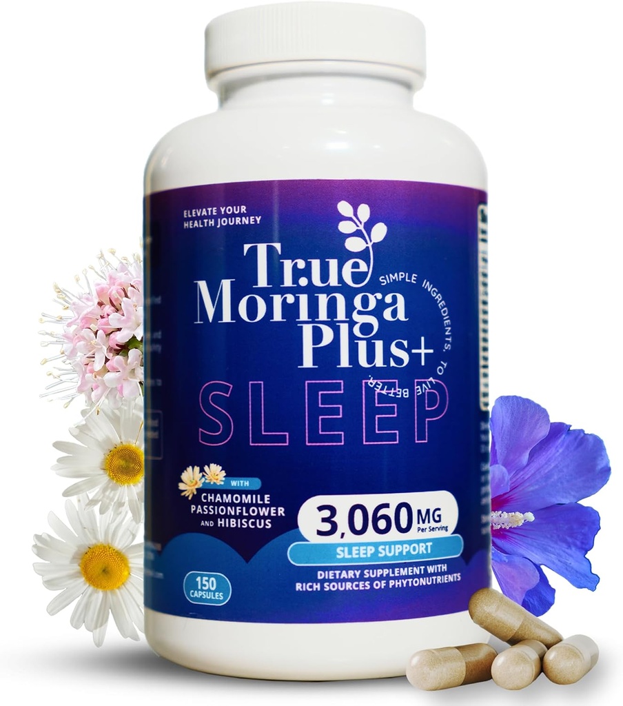True Moringa Plus + 睡眠支持补编 10:1 摘取 → 20,000 mg of Organic Moringa, Chamomile, Passion Flower, Valerian Root, Hibiscus for Relaxation → 成人自然睡眠援助(150 Capsules)
