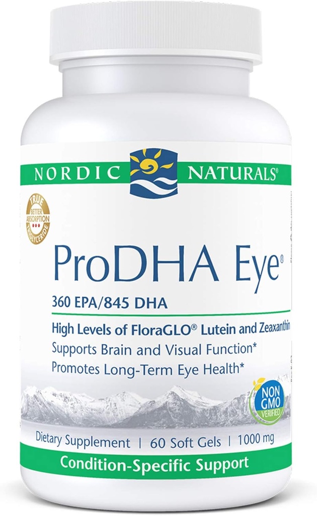 北欧自然公司ProDHA Eye - 鱼油,360毫克环保局,845毫克DHA,20毫克Flora GLO Lutein,4毫克Zeaxanthin,支持神经功能和长期眼健康*,60个软宝石