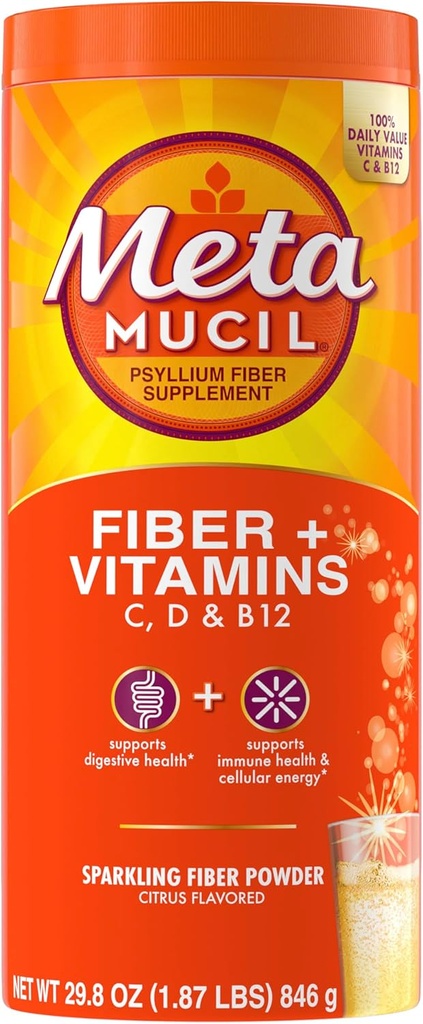 Metamucil Sparkling Fiber 补充 + 维生素,植物基 Pyllium Husk Power 配有维生素 C, D & B12, Daily Fiber 补充 消化健康, Citrus Flawared,无糖, 90 服务