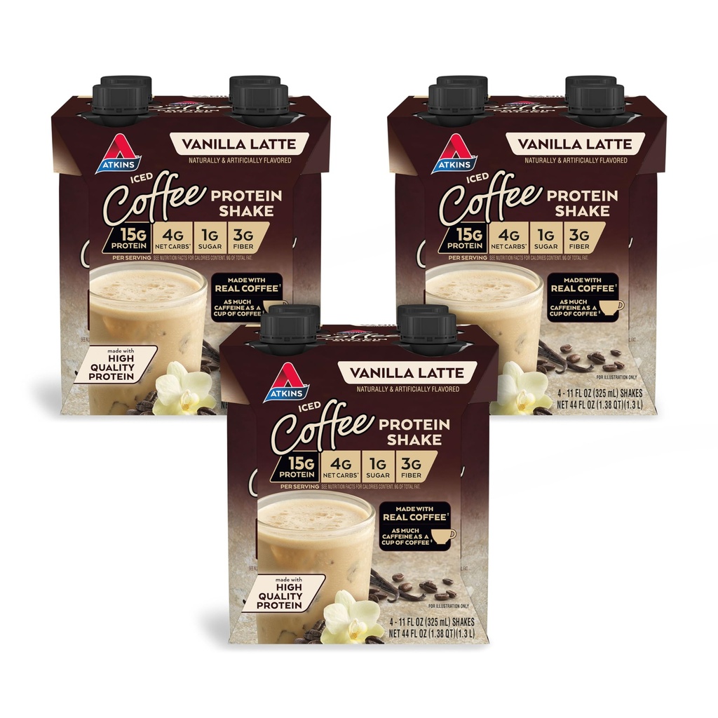 Atkins Iced Coffee Vanilla Latte Protein Shake, 15g 蛋白质, 低甘油, 4g Net Carb, 1g 糖, Keto 友好, 12包11 f Oz