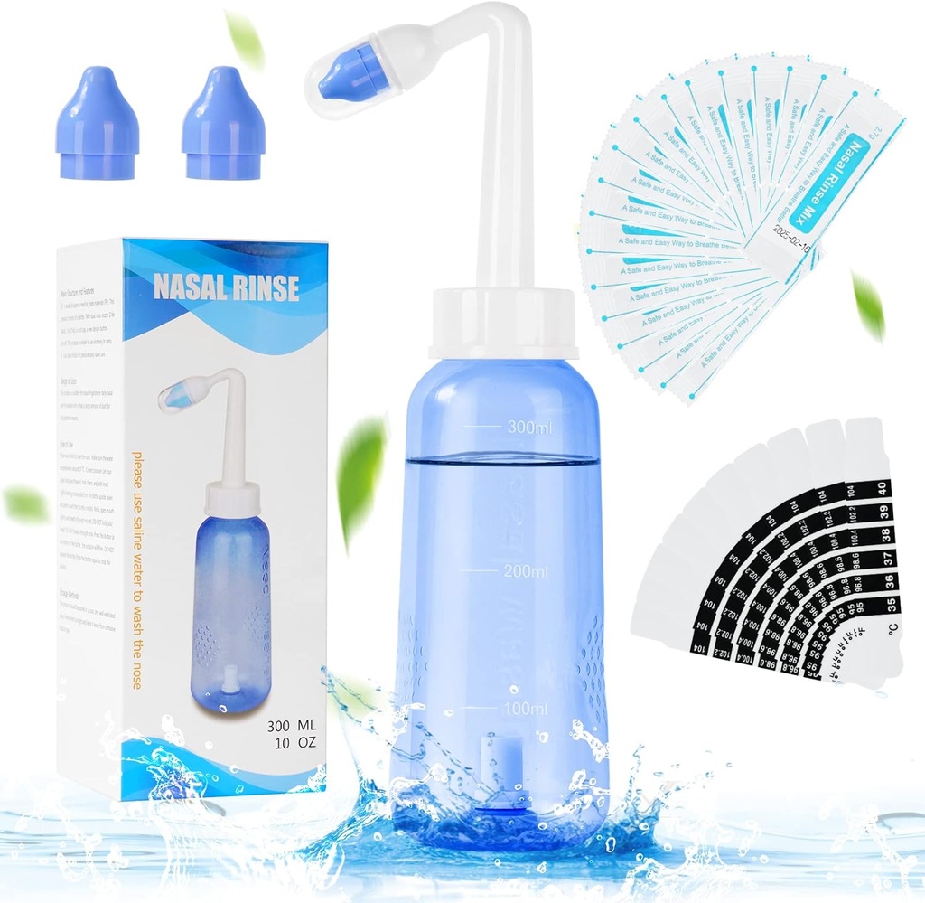 URAQT Neti Pot,鼻鼻鼻洗涤器,300毫升鼻鼻鼻鼻鼻洗涤瓶,装有20个鼻鼻鼻洗盐包和10个温度计粘贴器,成人和婴儿BPA的压鼻灌溉免费